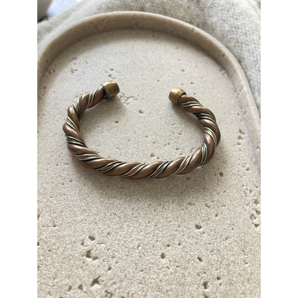 Twisted Copper Tone Cuff Bracelet Mixed Metal Rope Accent Open Bangle